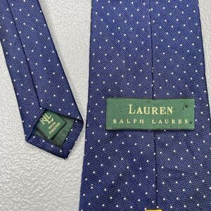 LAUREN RALPH LAUREN Mens 100% Silk Tie Polka Dot 59" Blue White Hand Finished